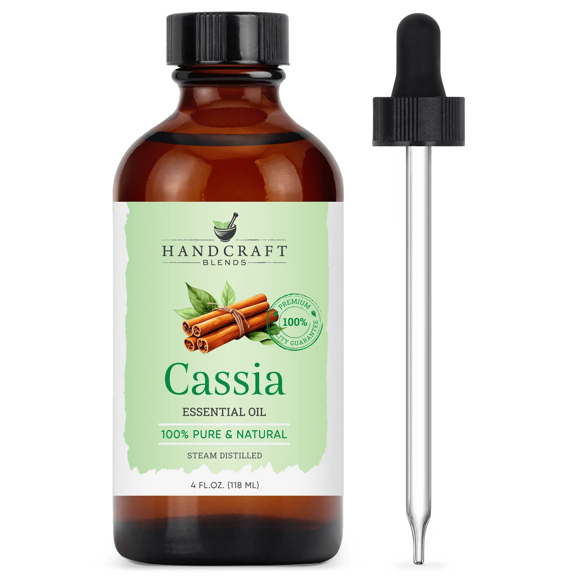 Cassia essential oil 4oz amber bottle with dropper, labeled 100% pure and natural, cinnamon illustration