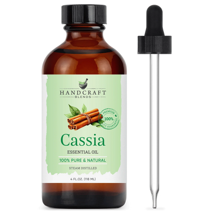 Cassia essential oil 4oz amber bottle with dropper, labeled 100% pure and natural, cinnamon illustration