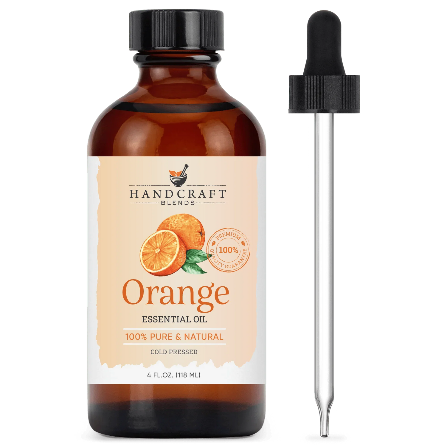 4oz amber bottle of orange essential oil with dropper, pure aromatherapy oil