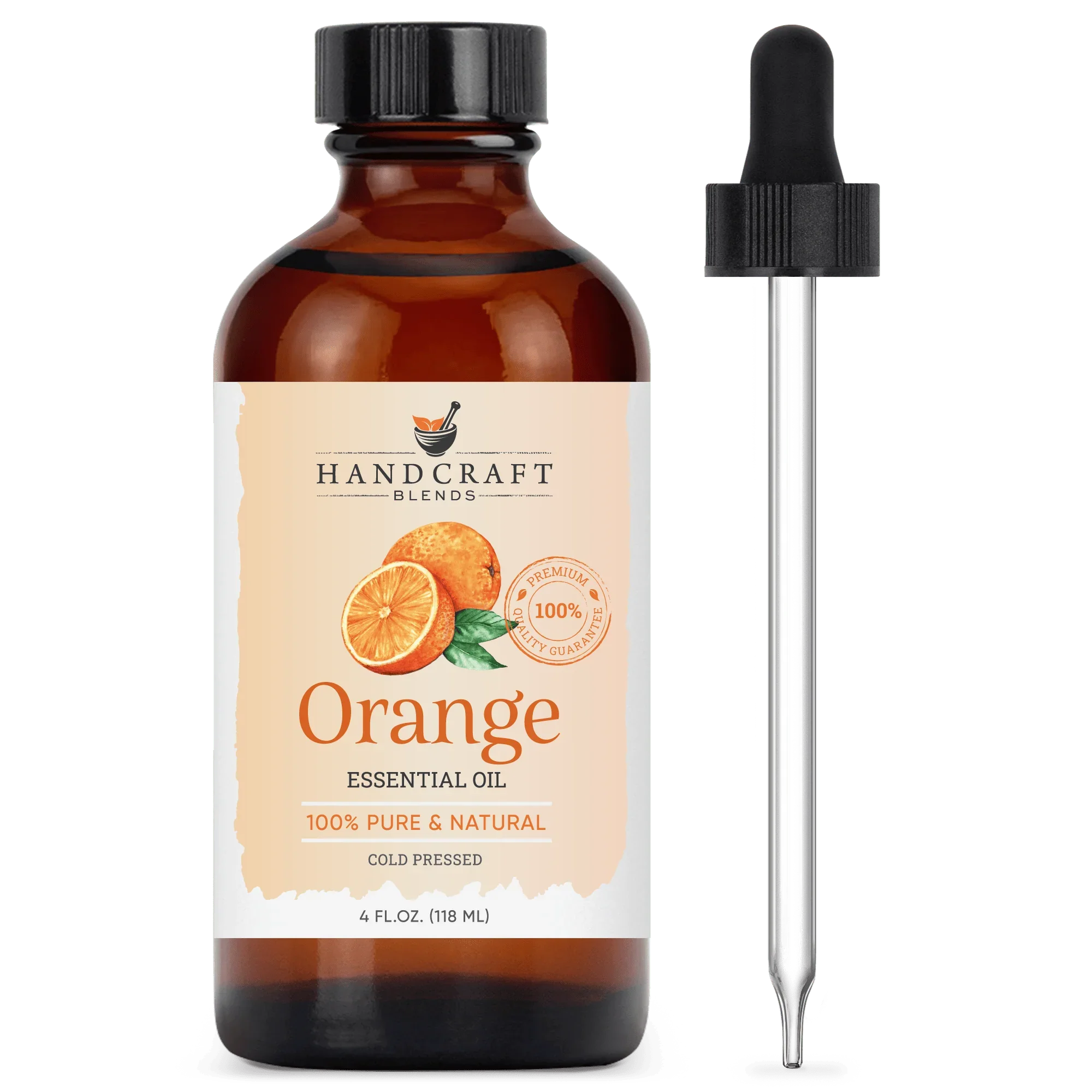4oz amber bottle of orange essential oil with dropper, pure aromatherapy oil