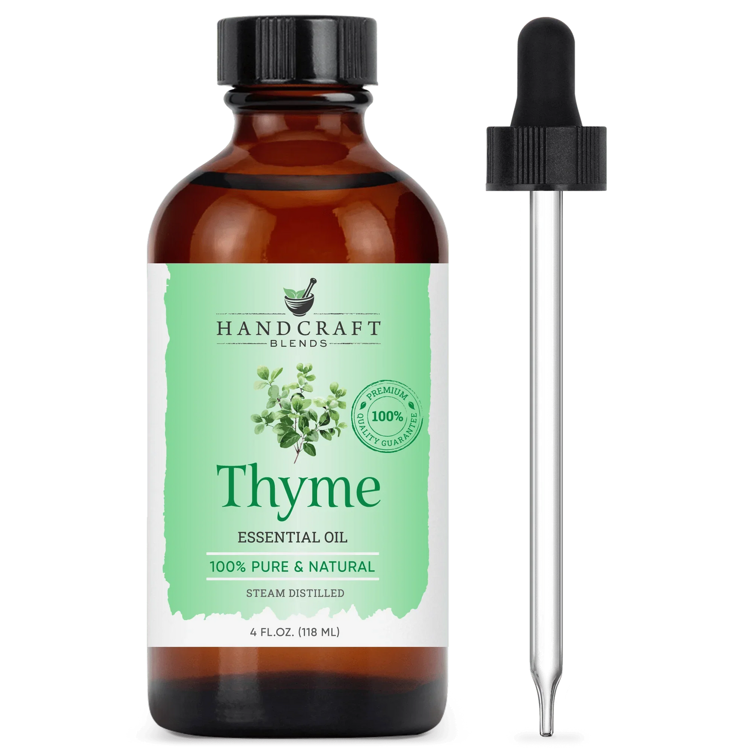 4oz amber bottle of thyme essential oil with dropper, labeled 100% pure and natural.