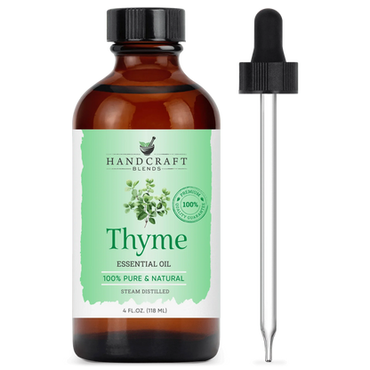 4oz amber bottle of thyme essential oil with dropper, labeled 100% pure and natural.