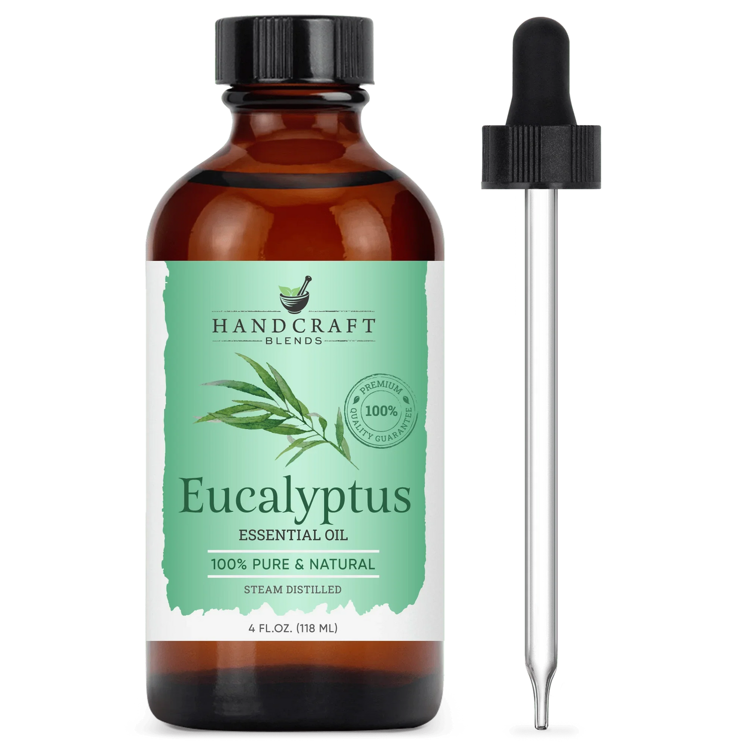 Eucalyptus essential oil 4oz amber bottle with dropper, labeled 100% pure and natural.