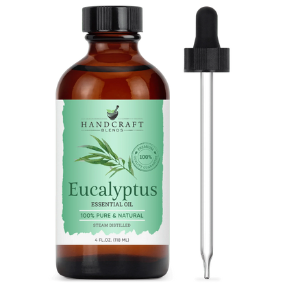 Eucalyptus essential oil 4oz amber bottle with dropper, labeled 100% pure and natural.