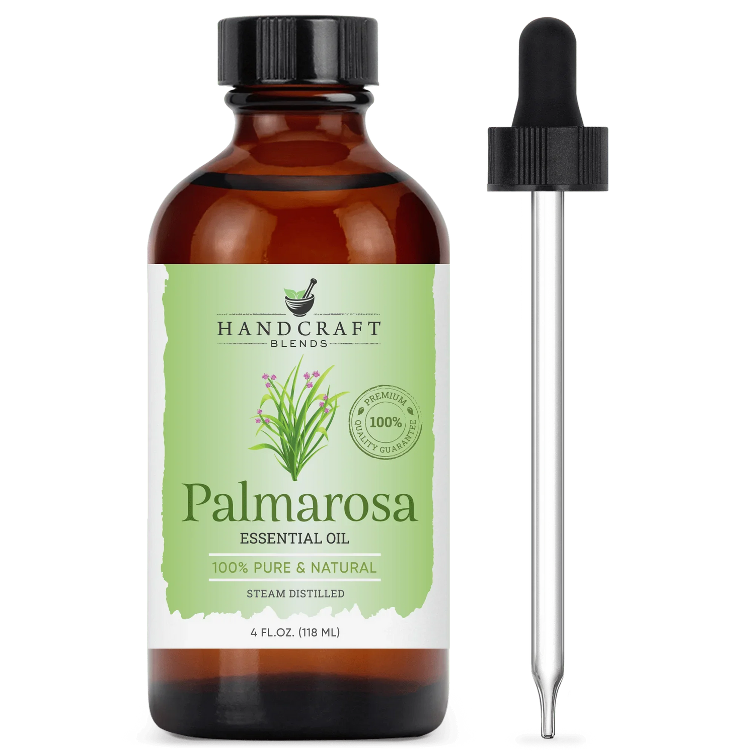 Palmarosa essential oil 4oz amber bottle with dropper, 100% pure and natural, steam distilled
