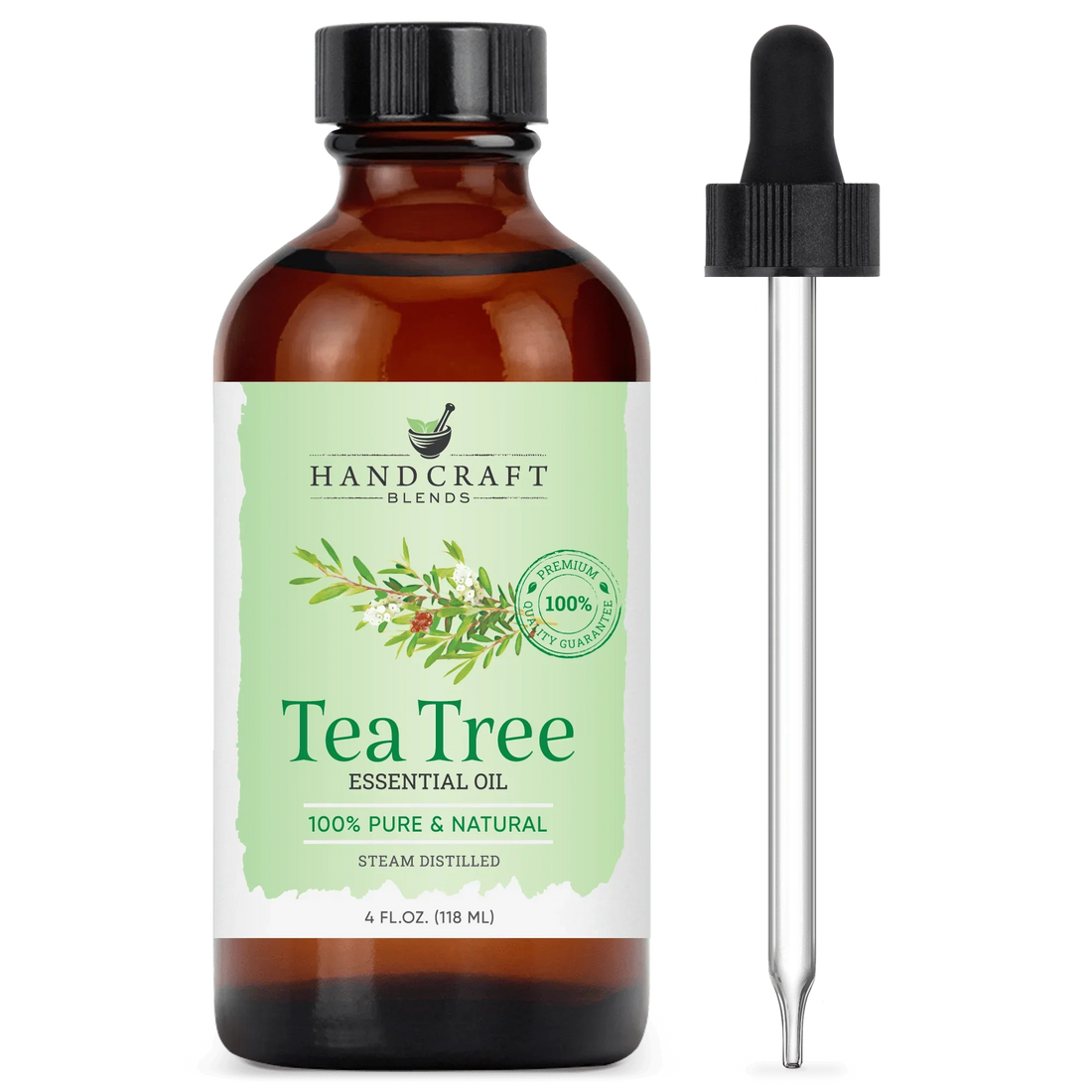 Tea Tree essential oil bottle with glass dropper, 4oz, 100% pure natural for aromatherapy.