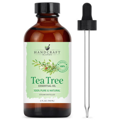 Tea Tree essential oil bottle with glass dropper, 4oz, 100% pure natural for aromatherapy.