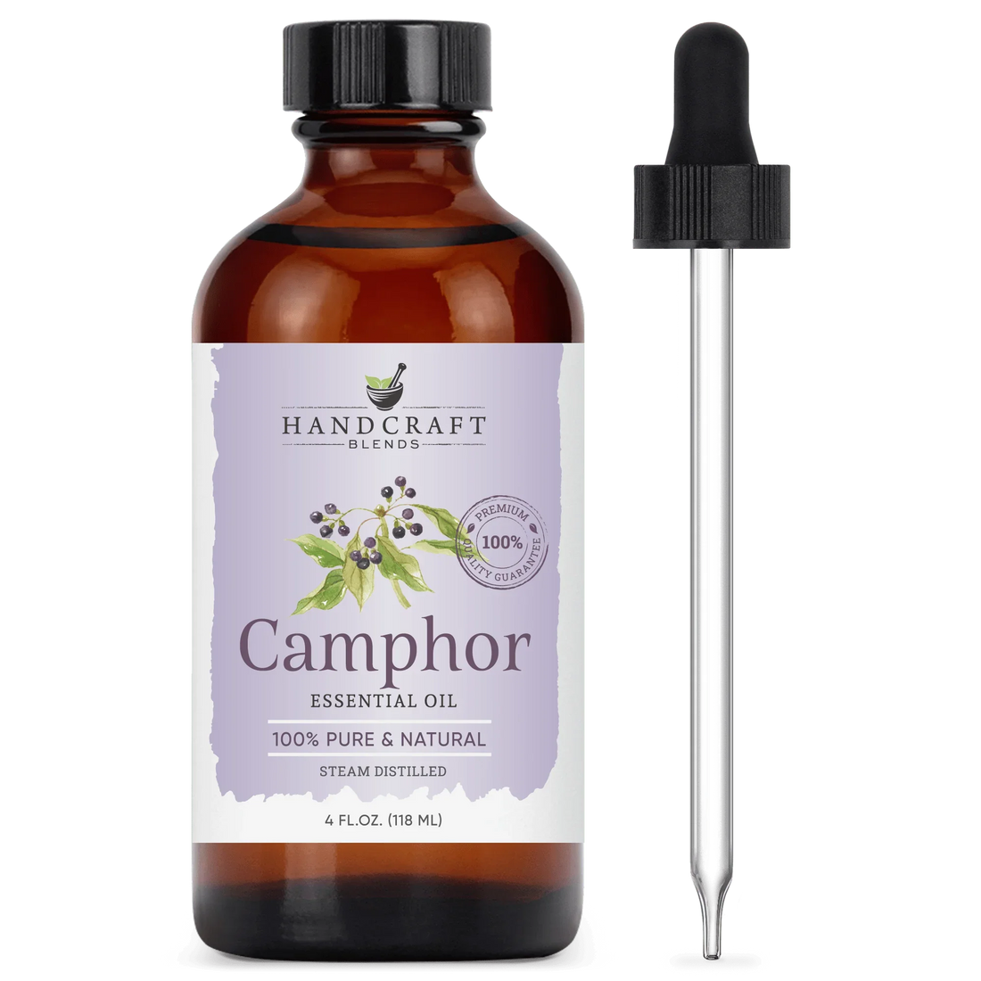 4oz amber glass bottle of camphor essential oil with dropper, labeled 100% pure and natural.