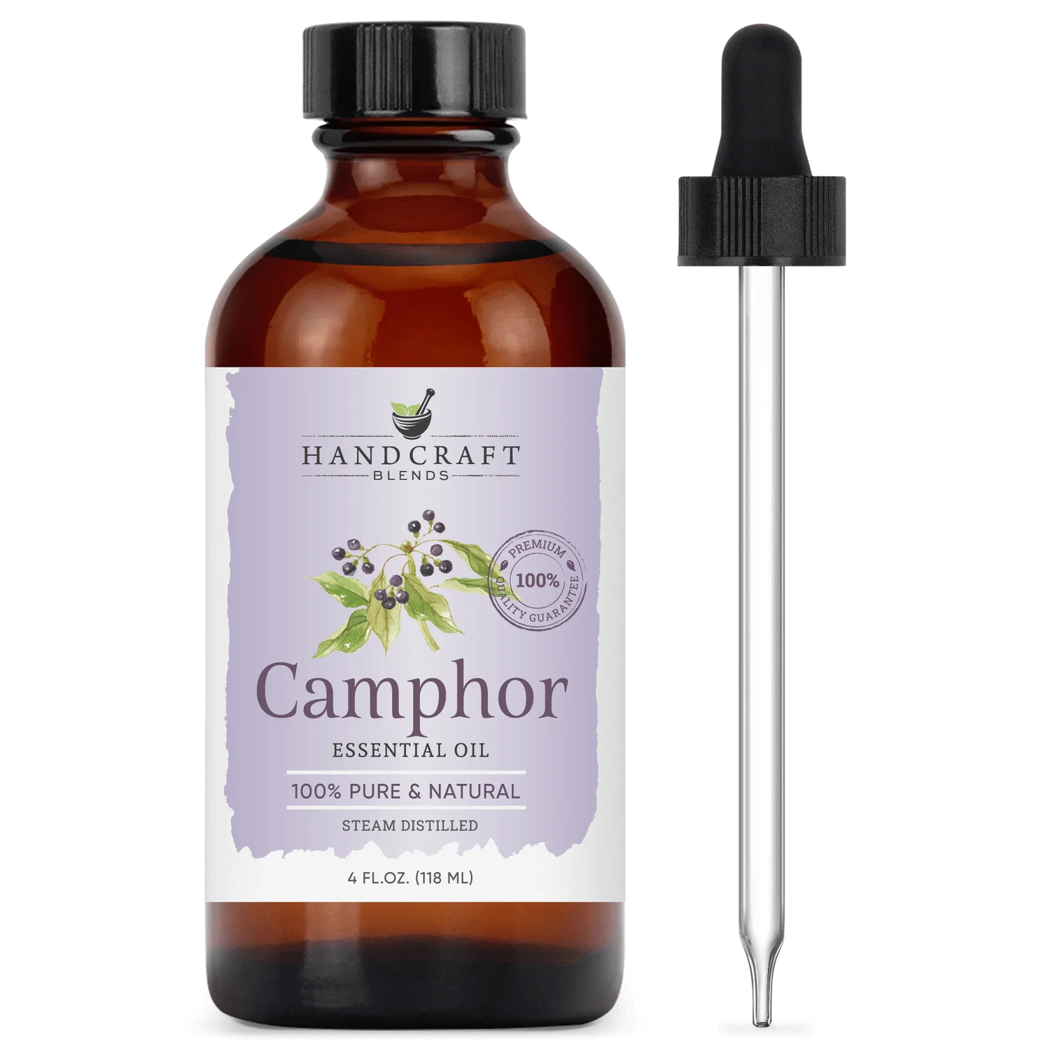4oz amber glass bottle of camphor essential oil with dropper, labeled 100% pure and natural.