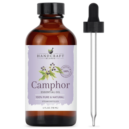 4oz amber glass bottle of camphor essential oil with dropper, labeled 100% pure and natural.