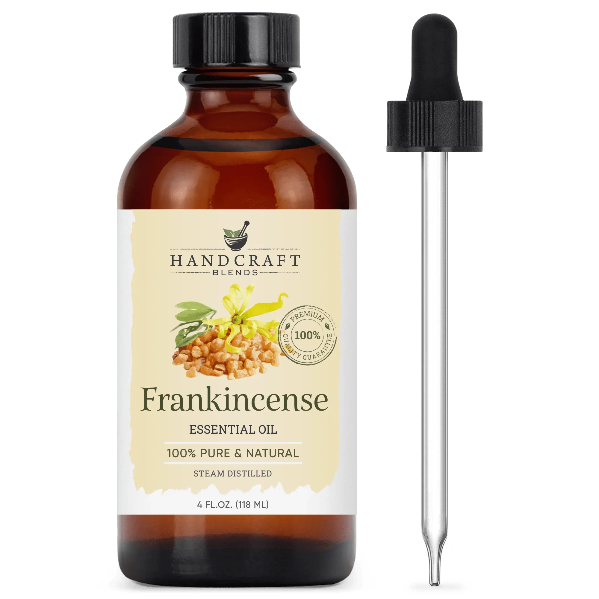 4oz bottle of frankincense essential oil with dropper, 100% pure and natural label