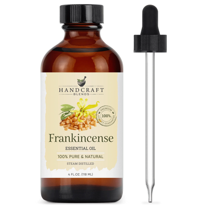 4oz bottle of frankincense essential oil with dropper, 100% pure and natural label