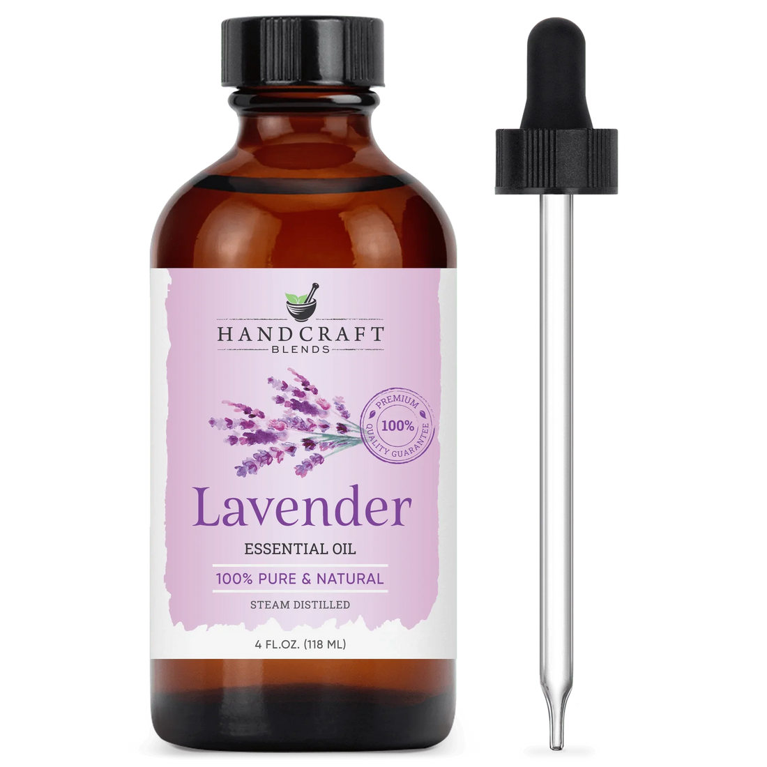 Lavender essential oil 4oz bottle with dropper, labeled 100% pure, natural, steam distilled.