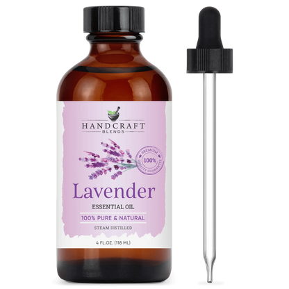 Lavender essential oil 4oz bottle with dropper, labeled 100% pure, natural, steam distilled.