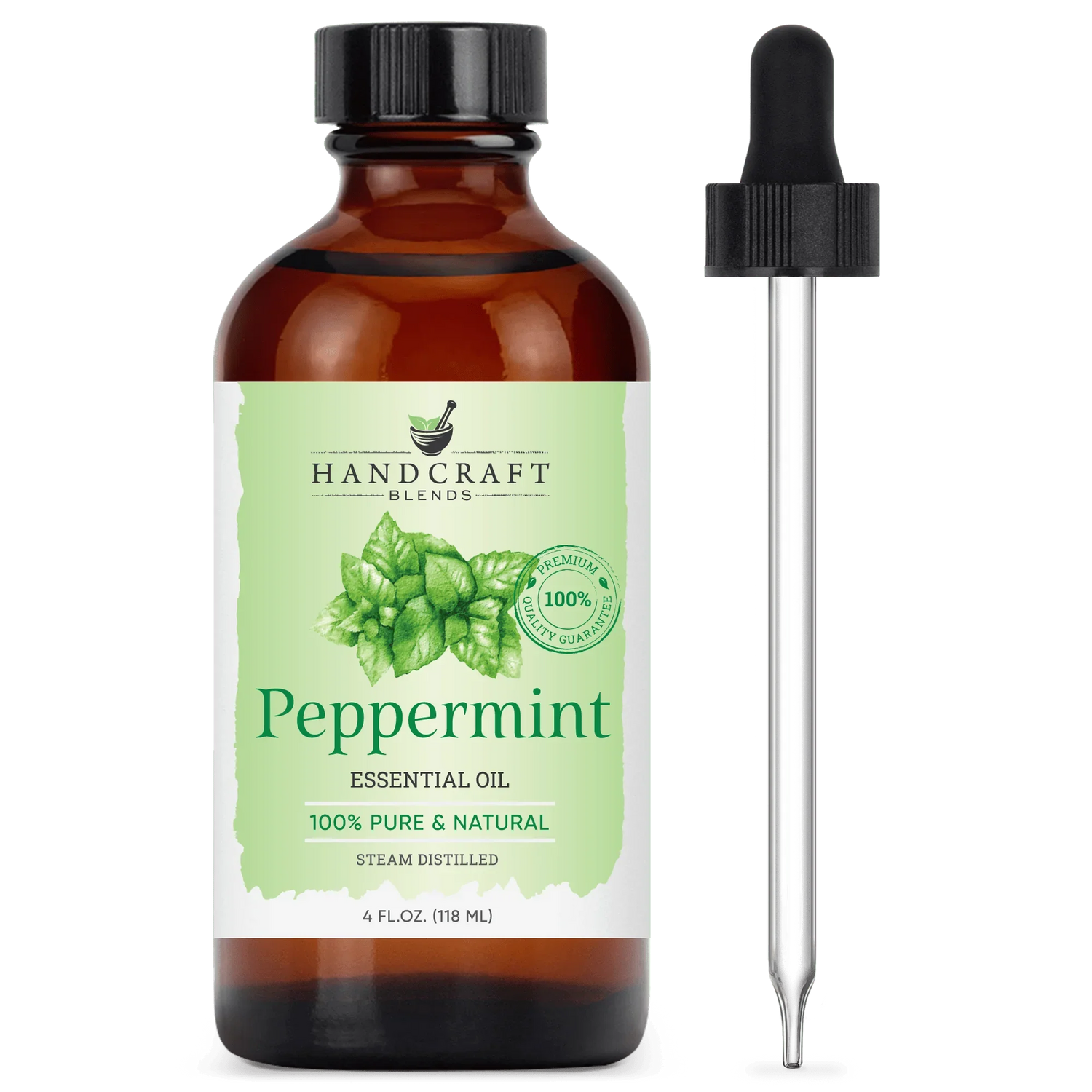 Amber glass bottle of peppermint essential oil with dropper, labeled 100% pure and natural.