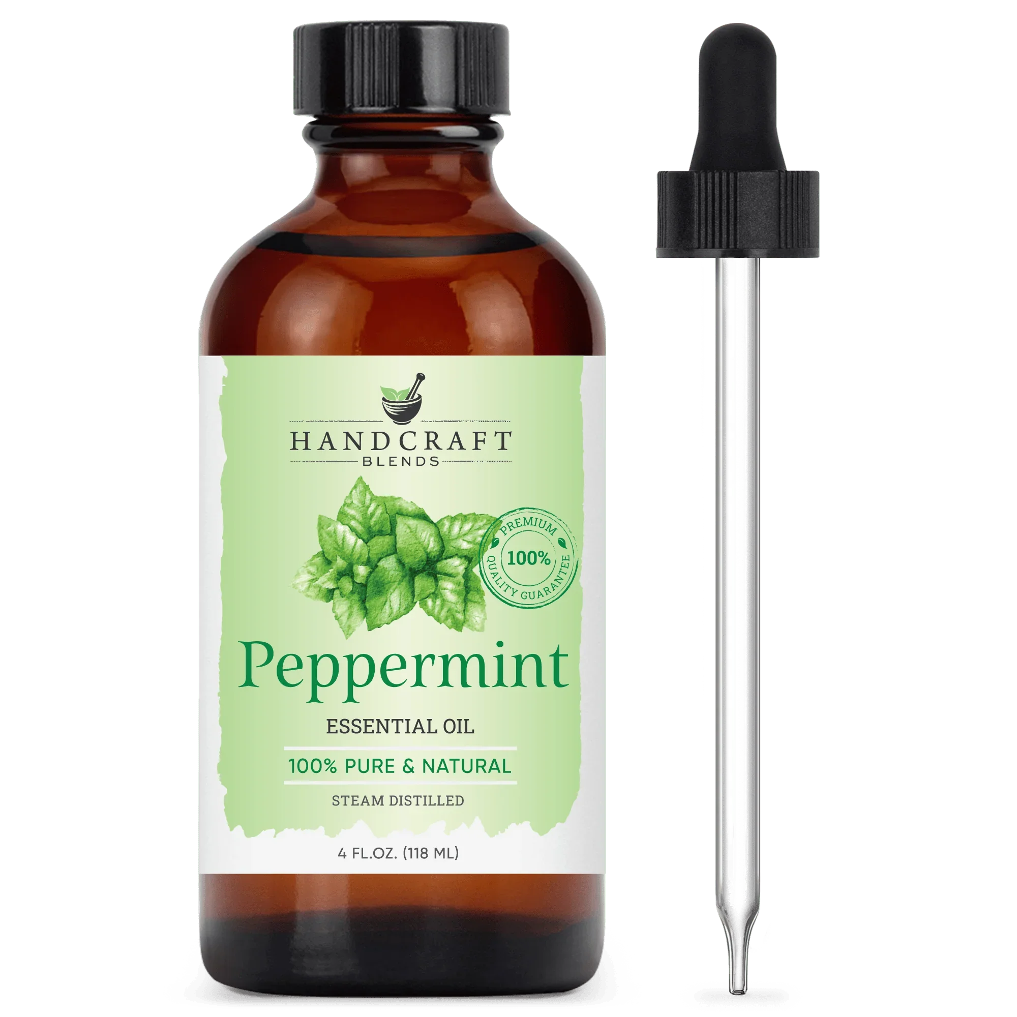 Amber glass bottle of peppermint essential oil with dropper, labeled 100% pure and natural.