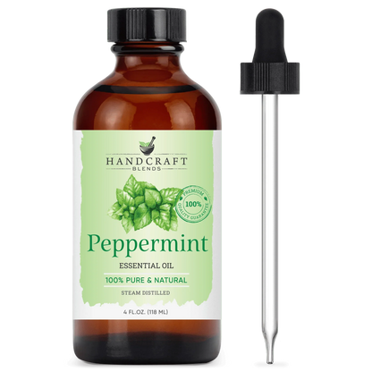 Amber glass bottle of peppermint essential oil with dropper, labeled 100% pure and natural.