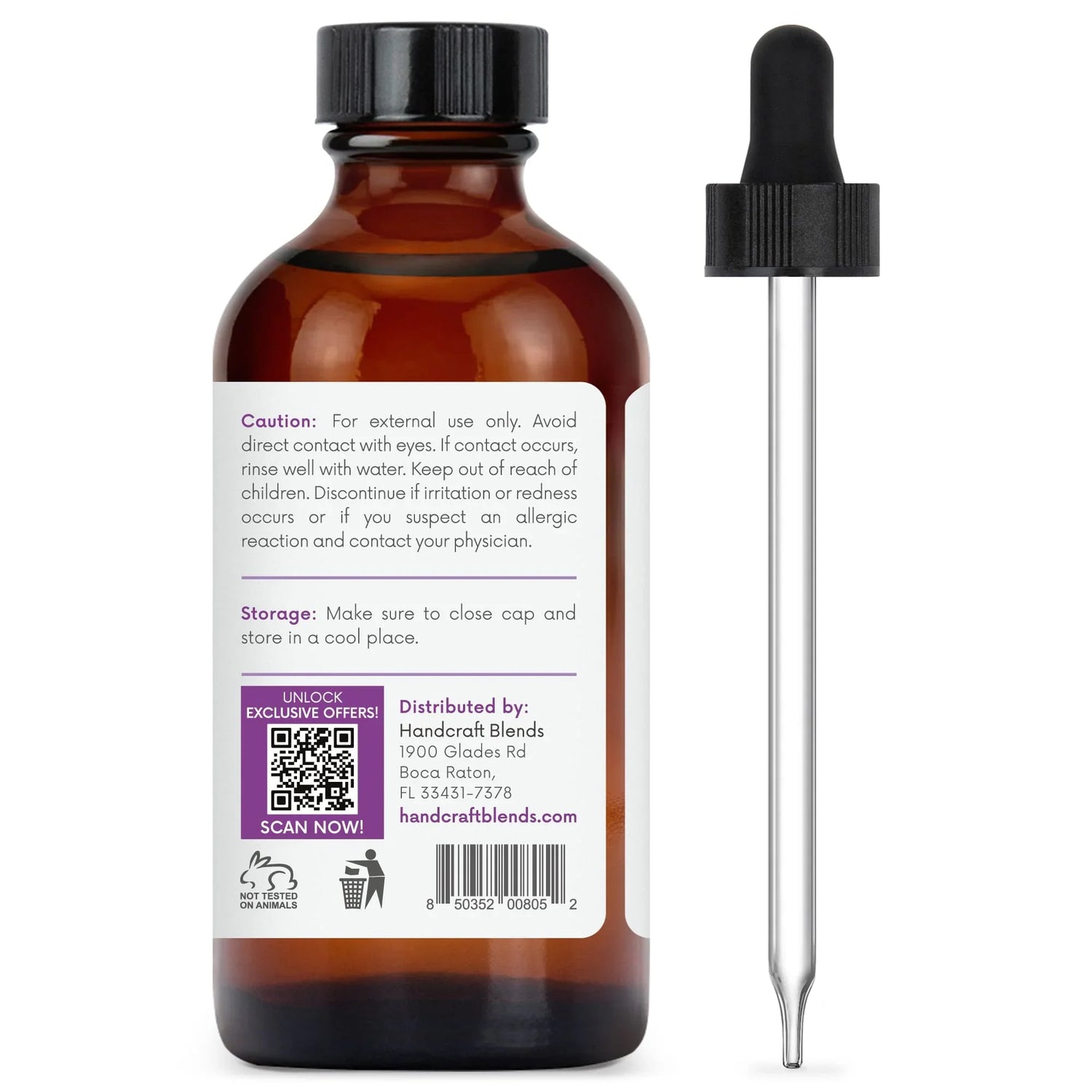 Amber glass essential oil bottle with dropper and detailed label, ideal for aromatherapy use.