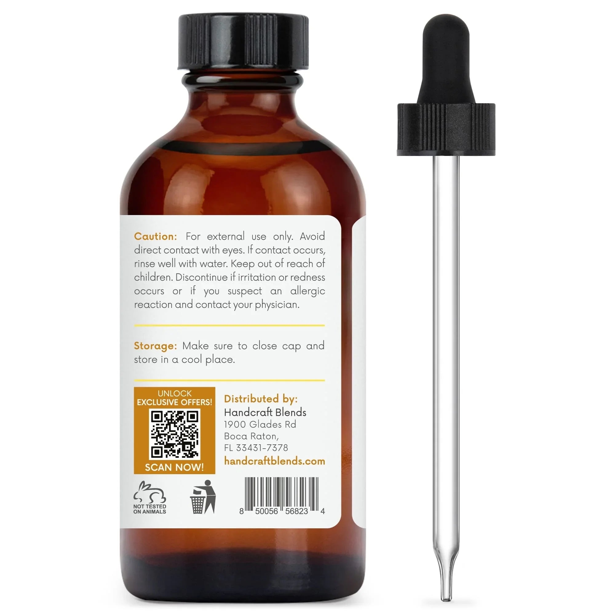 Amber glass essential oil bottle with dropper and product safety label, ideal for aromatherapy.