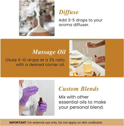 How to use essential oils: diffuse in aroma diffuser, dilute for massage oil, or create custom blends.