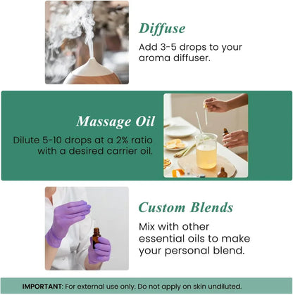 Essential oil usage guide with images for diffusing, massage oil blending, and custom mixes.