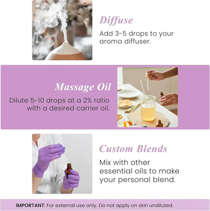 Essential oil usage guide showing diffuser, massage oil with carrier oil, and custom blending steps.