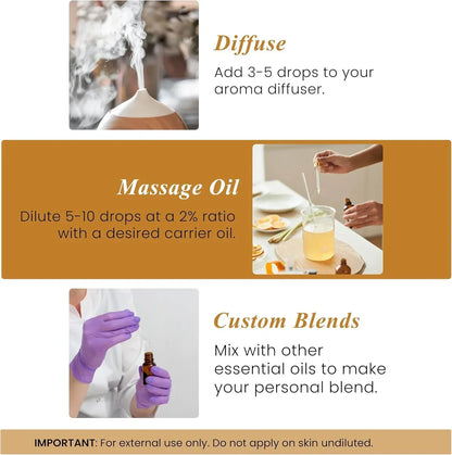 Essential oil usage guide showing diffuser, massage oil mixing, and custom blends instructions.
