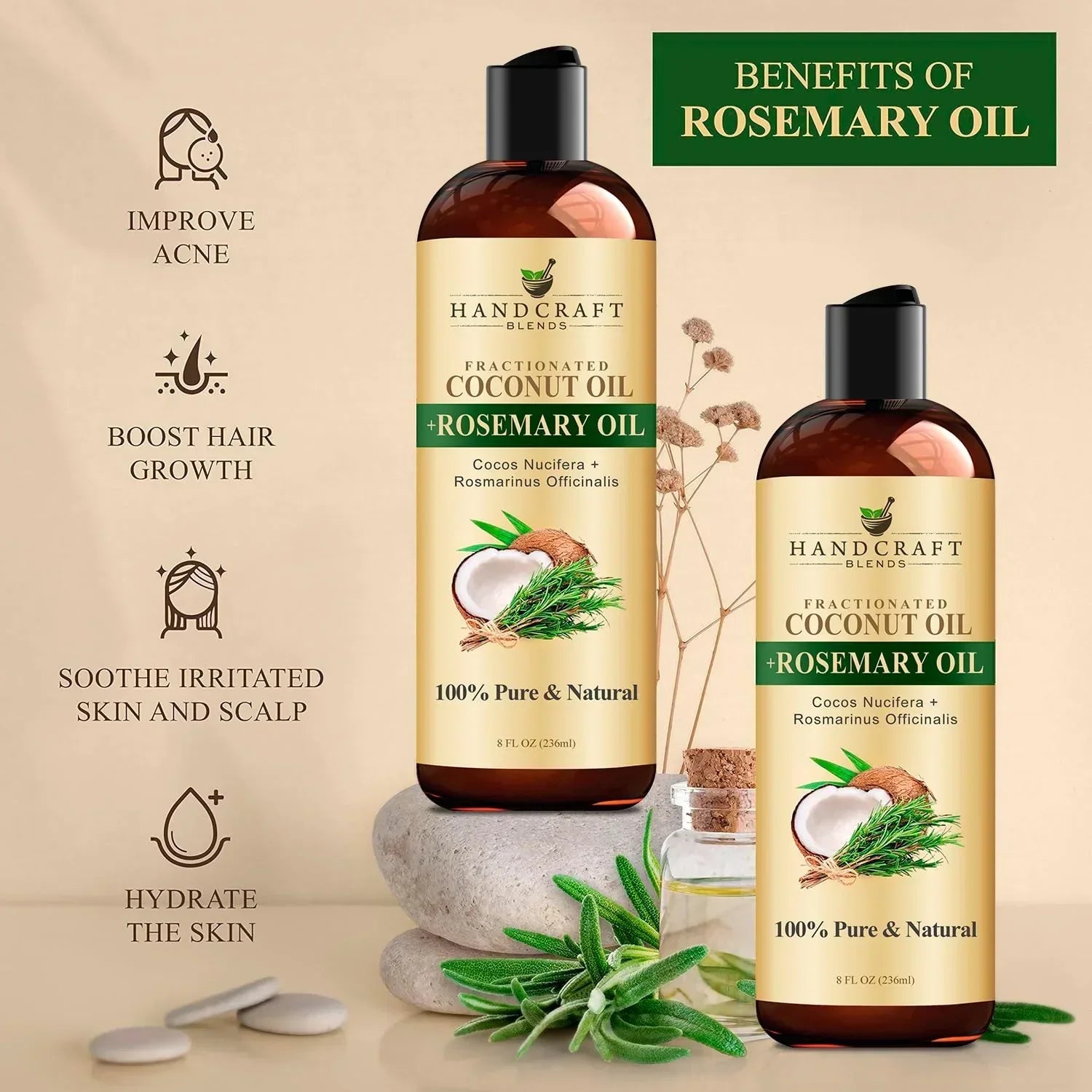Fractionated coconut oil with rosemary essential oil bottles, natural skincare and hair benefits.