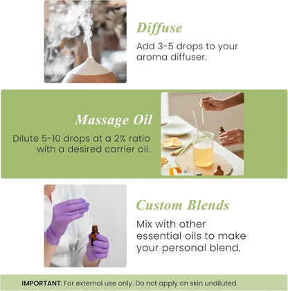 Essential oil usage guide showing diffuser, massage oil with carrier oil, and custom blends.