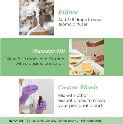 How to use essential oils: diffuse in aroma diffuser, blend with carrier oil for massage, or create custom blends.