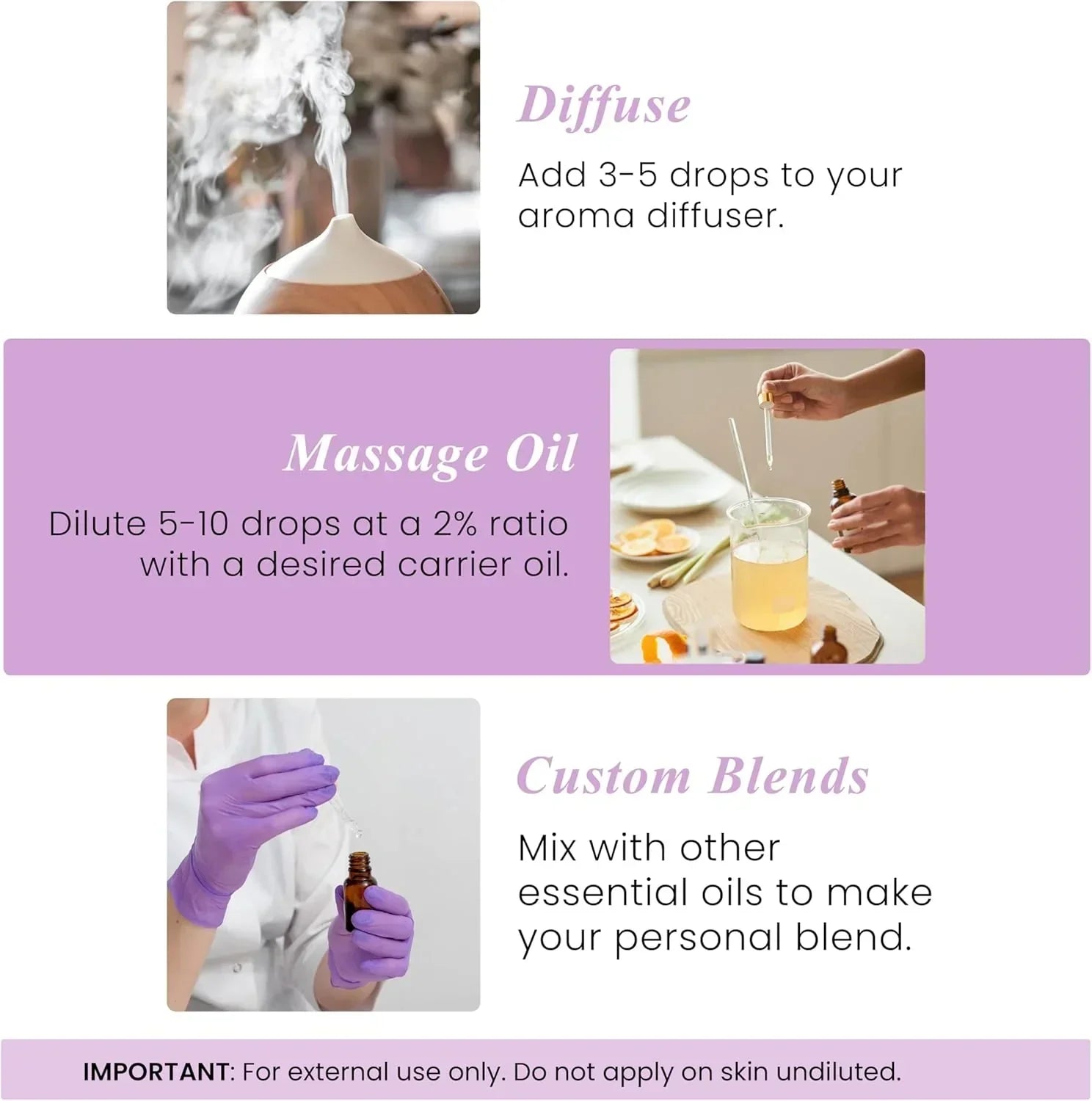 Essential oil uses guide with diffuser, massage oil mixing, and custom blend instructions.