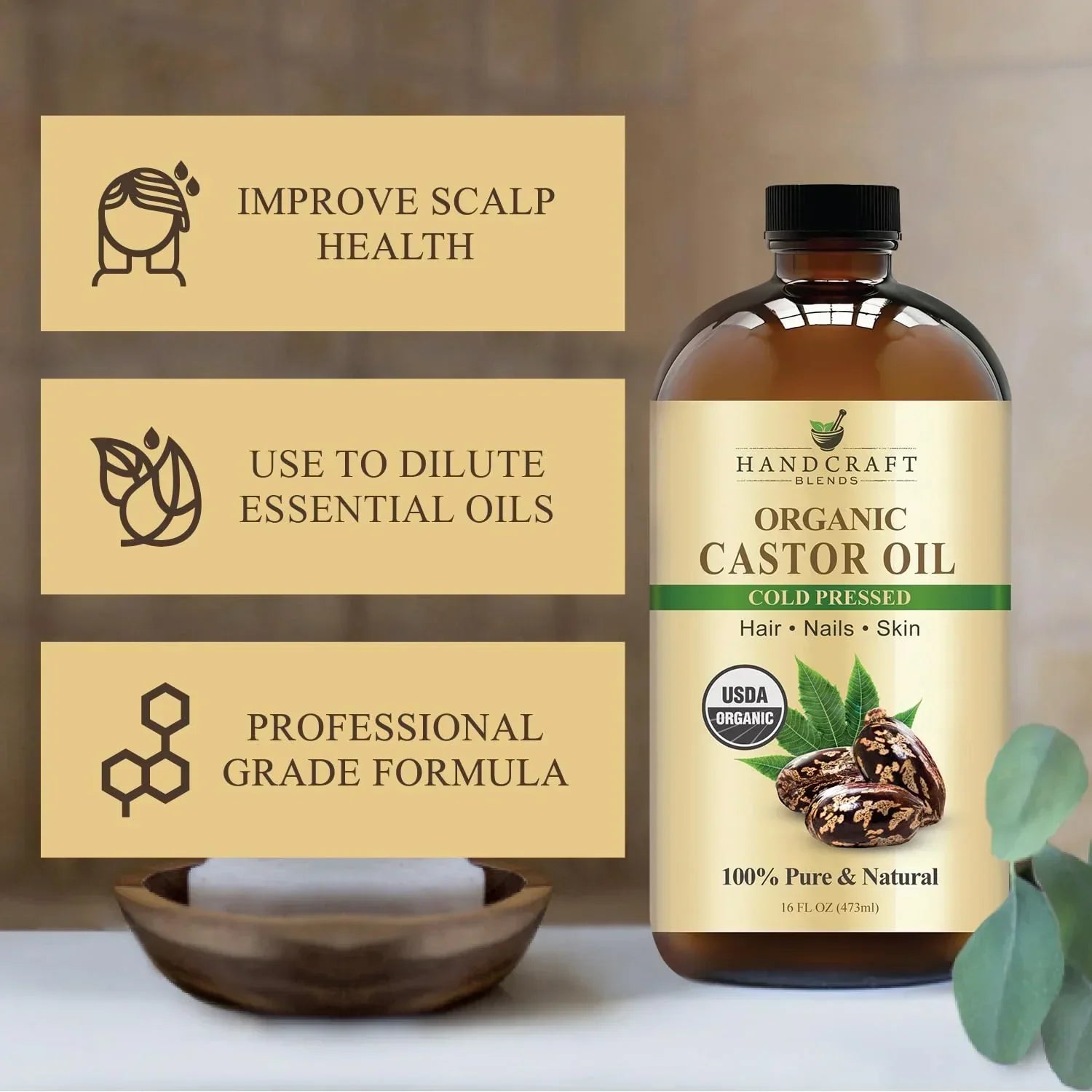 Organic castor oil bottle for hair, nails, skin, USDA organic, cold pressed, 16 fl oz