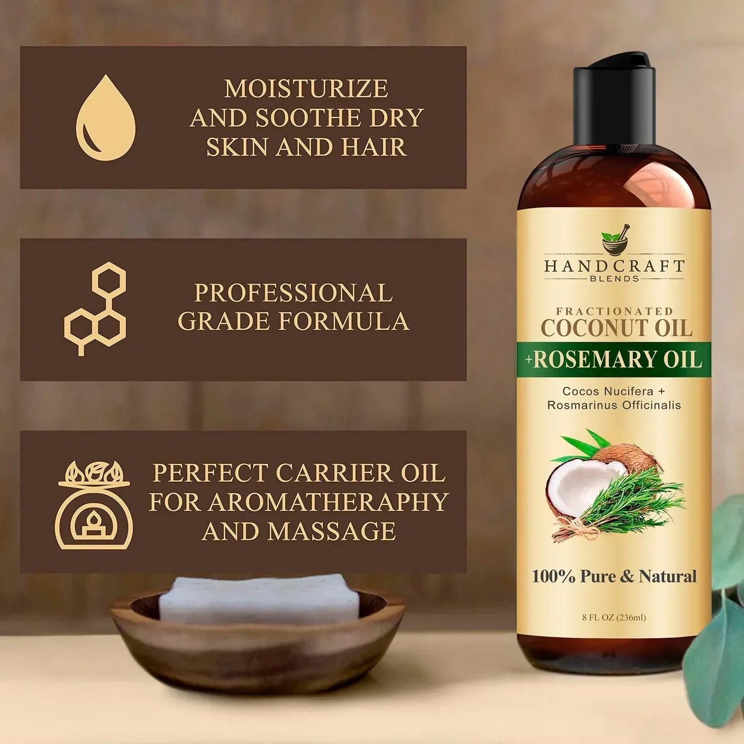 Lightweight fractionated coconut oil with rosemary texture