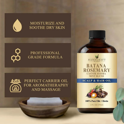 Batana rosemary scalp and hair oil bottle with castor, jojoba, mint blend for aromatherapy and massage.