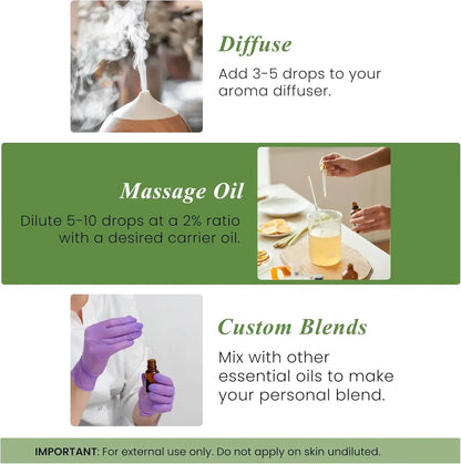 Essential oil usage tips for diffuser, massage oil mixing, and custom aromatherapy blends.