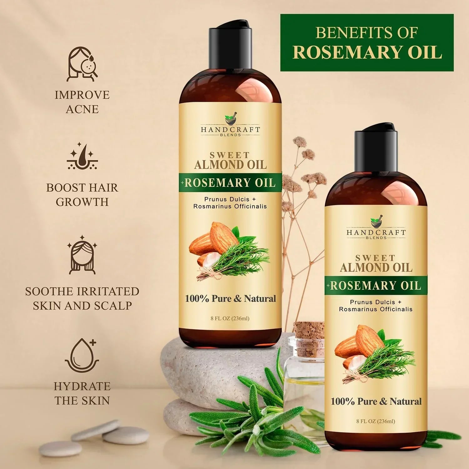 Bottles of sweet almond oil with rosemary oil, natural skincare and hair benefits displayed.
