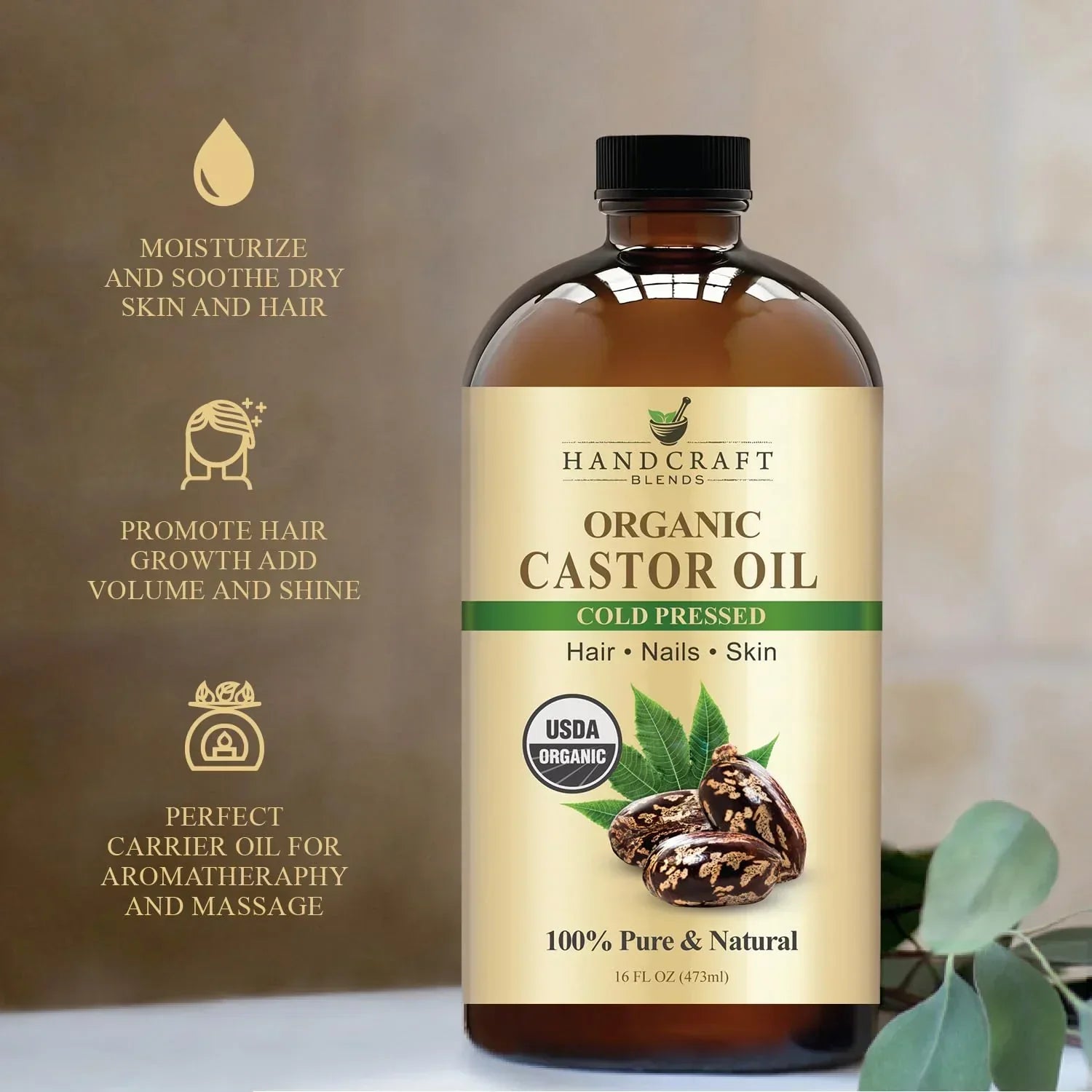 Organic castor oil cold pressed bottle for hair, nails, skin, aromatherapy and massage.