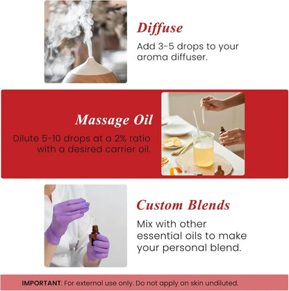 Essential oil uses chart showing diffuser, massage oil mixing, and custom blend instructions.