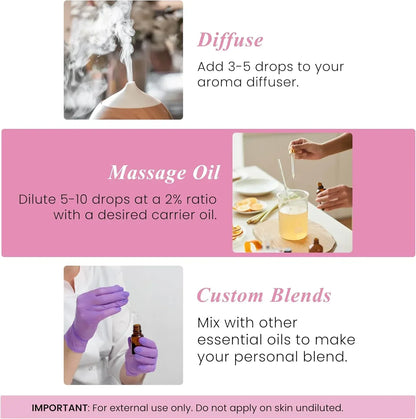 Essential oil uses guide with diffuser, making massage oil, and creating custom blends.