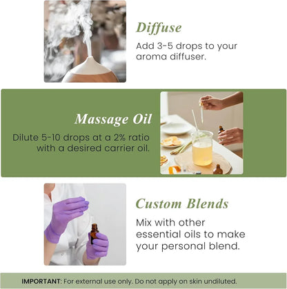 Essential oil usage guide showing diffuser, massage oil, and custom blend methods with instructions.