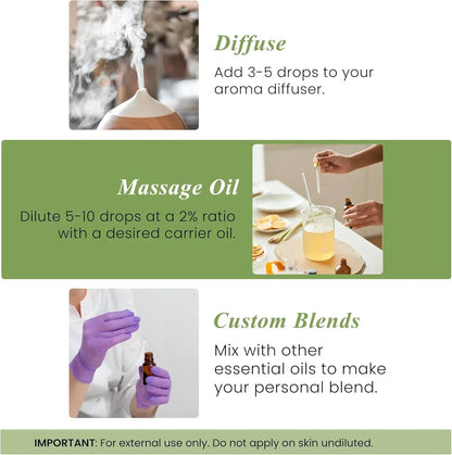 Three uses for essential oils: aroma diffuser, massage oil mixing, and custom oil blends.