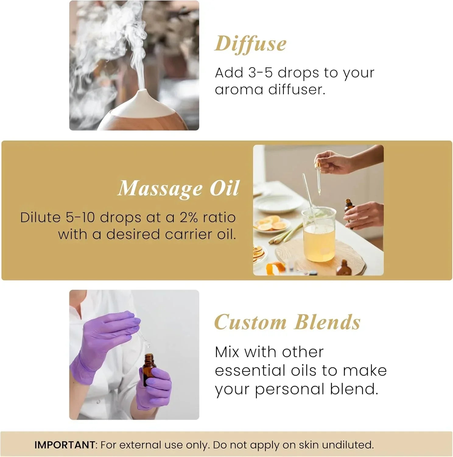 Essential oil usage guide showing diffuser, massage oil mixing, and custom blend instructions.
