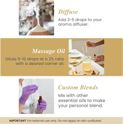 Essential oil usage guide showing diffuser, massage oil mixing, and custom blend instructions.