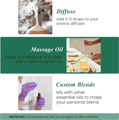 Instructions for using essential oils as diffuser, massage oil, or custom blend, with photos.