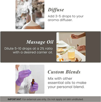 Three ways to use essential oils: diffusing, mixing into massage oil, and creating custom blends.