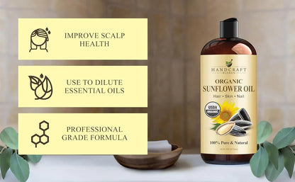 Organic sunflower oil bottle for hair, skin, and nails with benefits and natural setting