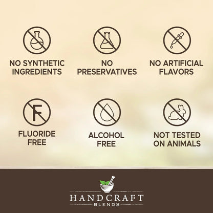 Essential oil benefits icons: no synthetic ingredients, preservatives, artificial flavors, fluoride, alcohol, not tested on animals.