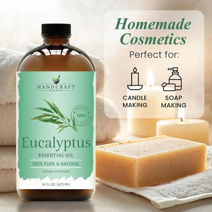 Eucalyptus essential oil bottle with handmade soap, candles, and towel for aromatherapy and homemade cosmetics.