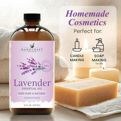 Lavender essential oil bottle with soap, candles, and towel for homemade cosmetics.