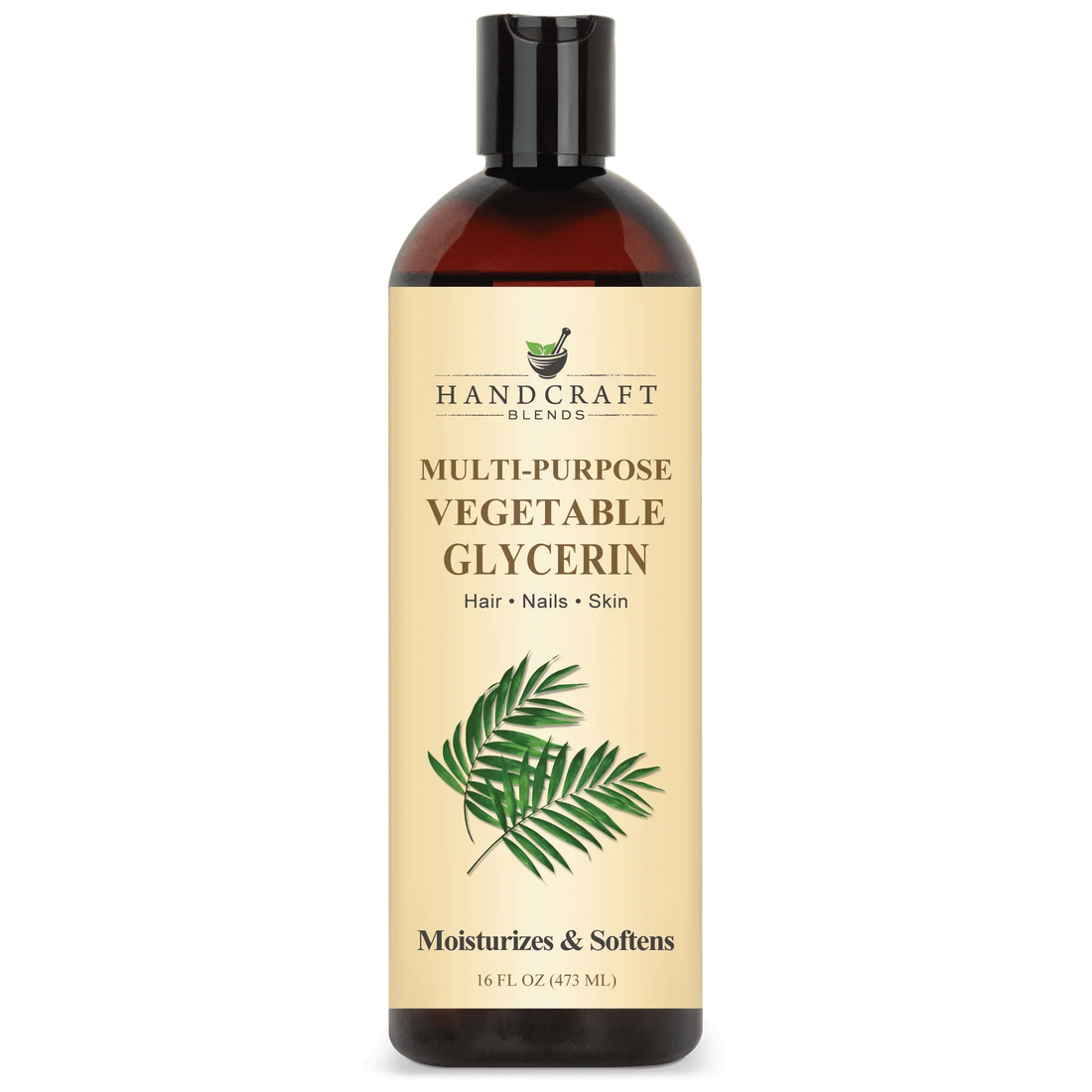 Amber bottle of multi-purpose vegetable glycerin for hair, nails, and skin moisturizing.